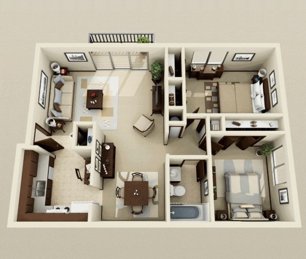 Mẫu thiết kế căn hộ 2 phòng ngủ 22