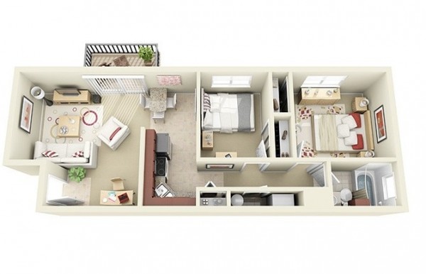 Mẫu thiết kế căn hộ 2 phòng ngủ 45