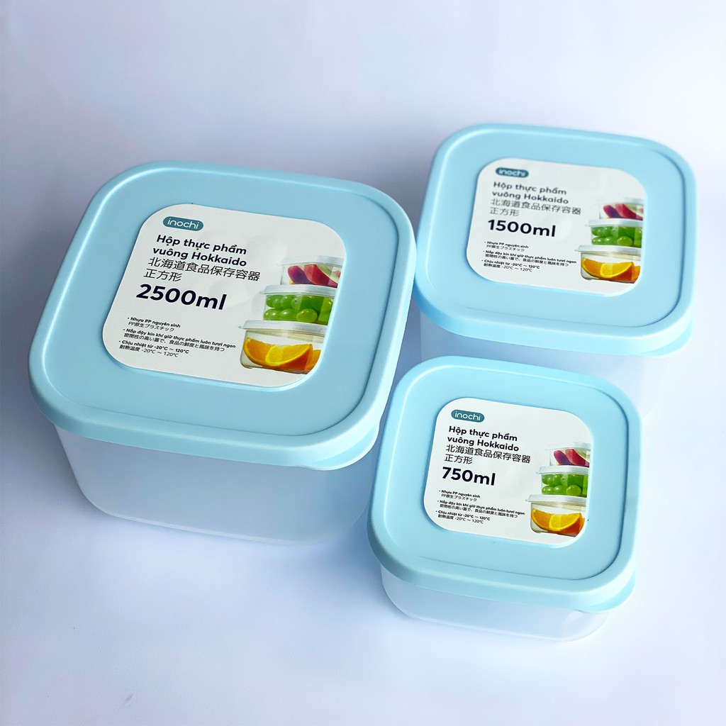 Bộ 3 hộp nhựa đựng thực phẩm vuông trắng Inochi Hokkaido 750ml-1500-2500ml Mai Long Mart