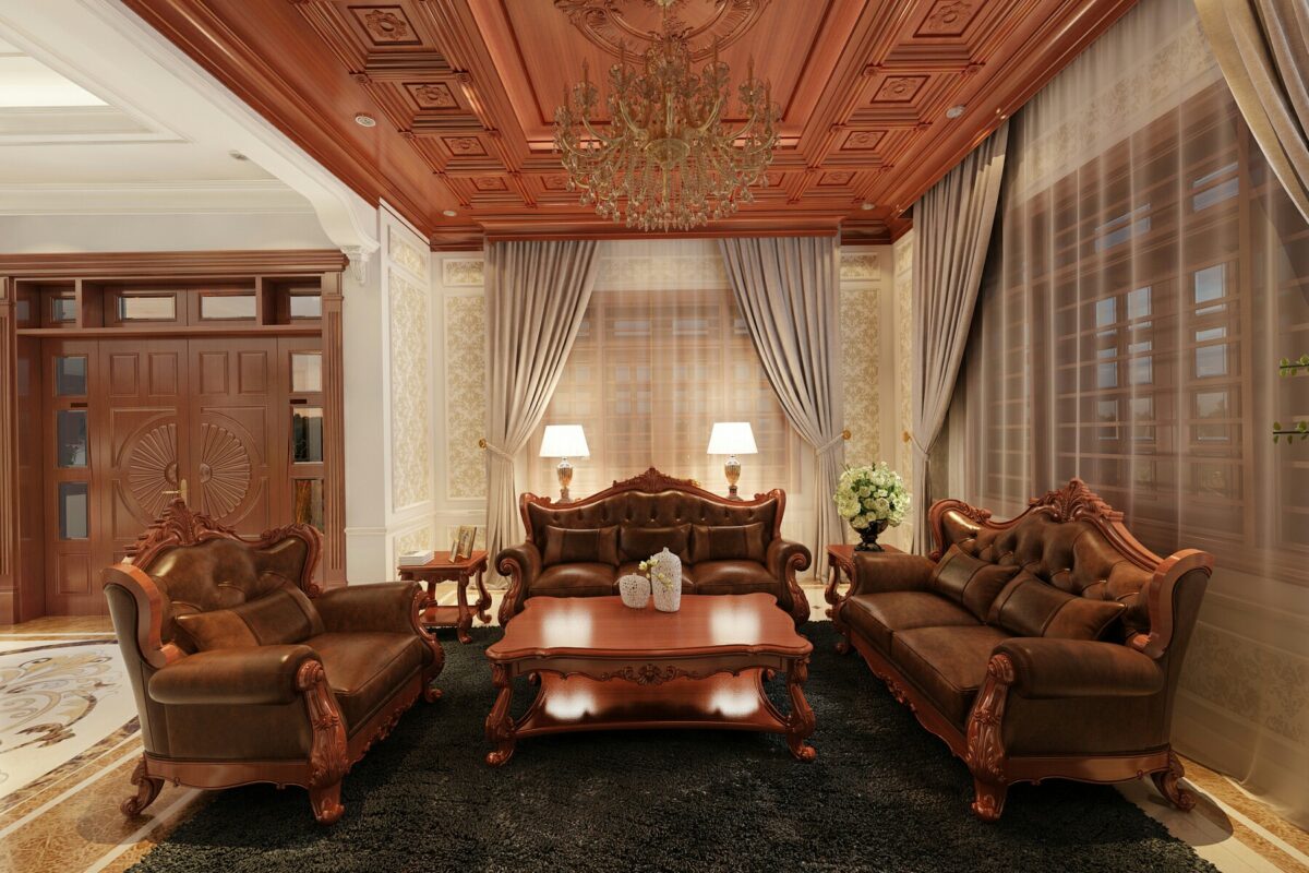Thiết kế nội thất phòng khách nhà cấp 4 Thiết kế phòng khách biệt thự với chất liệu nội thất sang trọng bằng gỗ tự nhiên