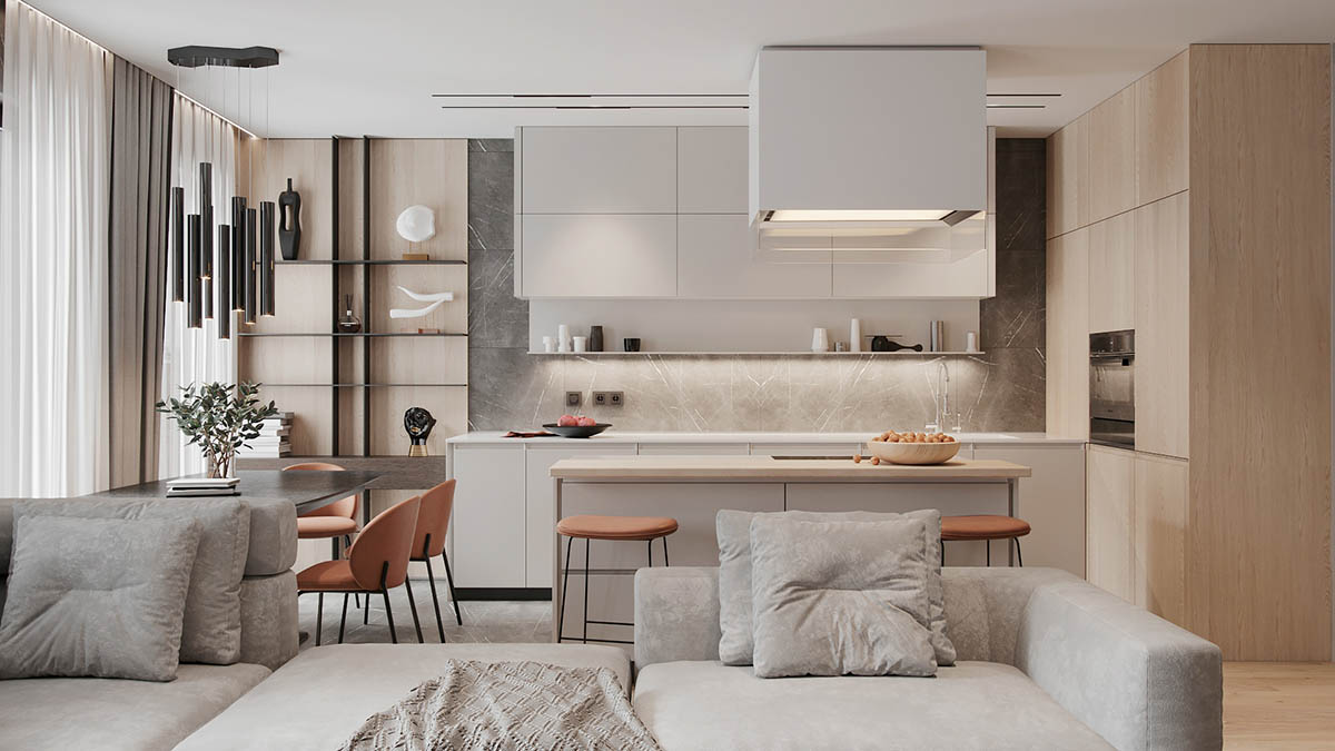 Thiết kế nội thất phòng khách nhà cấp 4 Mẫu thiết kế phòng khách liền bếp theo phong cách hiện đại cho nhà cấp ống