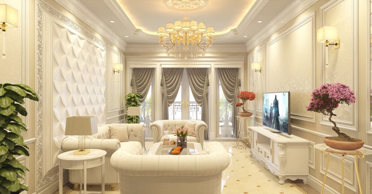 Thiết kế nội thất phòng khách nhà cấp 4 Thiết kế phòng khách biệt thự tân cổ điển tone màu trắng sữa sang trọng