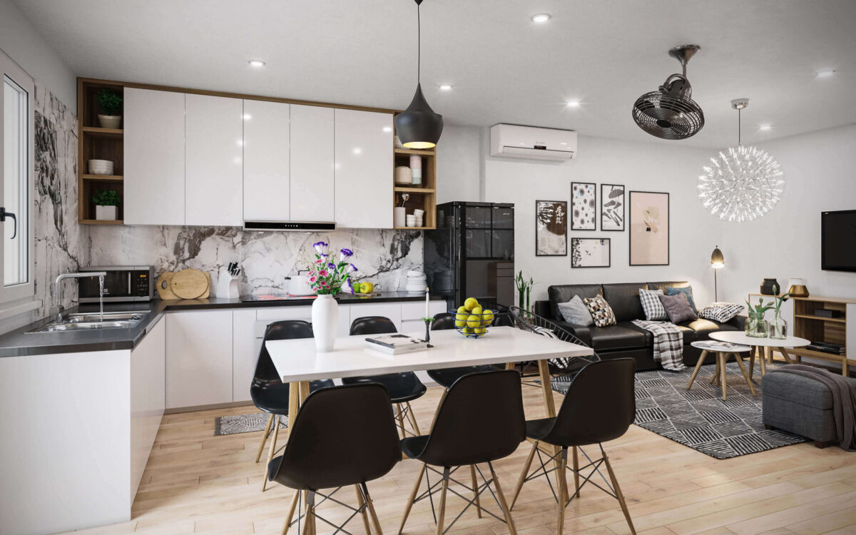 Thiết kế chung cư phòng khách liền bếp hiện đại và tiện nghi Thiết kế nội thất phòng khách nhà cấp 4