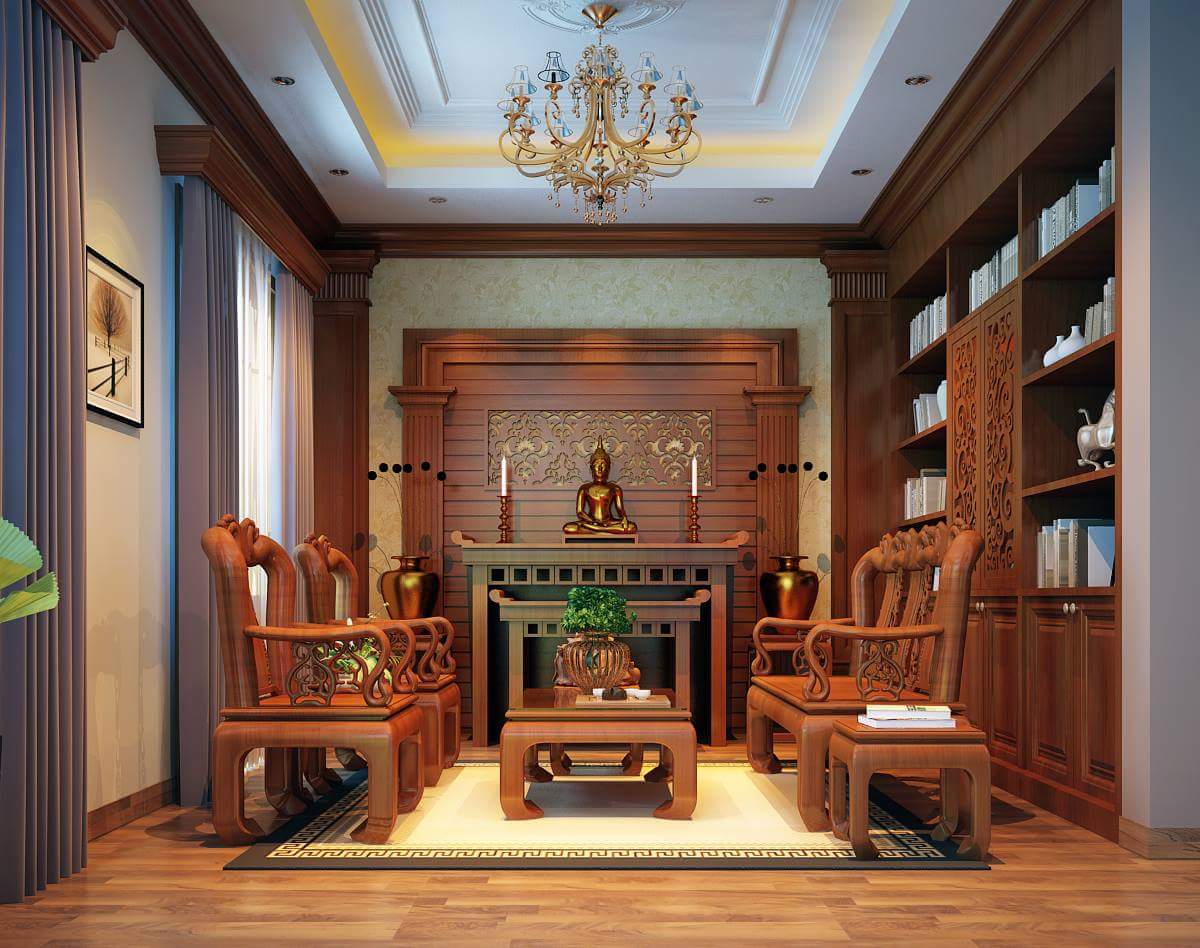 Thiết kế nội thất phòng khách nhà cấp 4 Thiết kế nội thất phòng khách cổ điển Việt Nam với chất liệu gỗ tự nhiên kết hợp với hoa văn truyền thống tinh tế, độc đáo