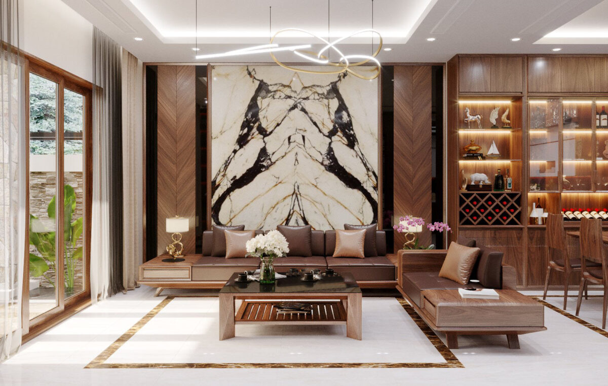 Thiết kế nội thất phòng khách với chất liệu gỗ tự nhiên sang trọng Thiết kế nội thất phòng khách nhà cấp 4