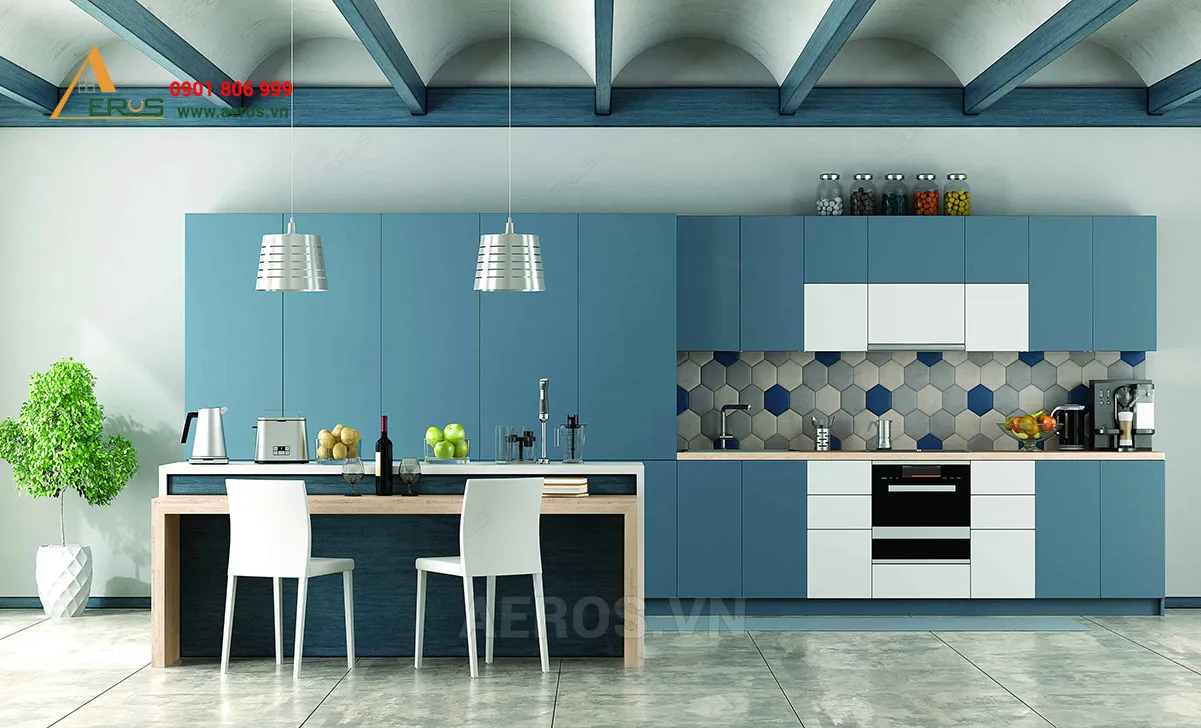 Tủ bếp chữ I màu xanh mang lại không giang thoáng mát cho căn bếp - có nên làm trên tủ bếp trên không?