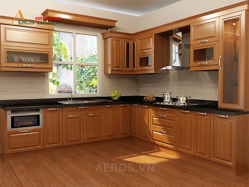mẫu tủ bếp đẹp bằng gỗ xoan đào - có nên làm trên tủ bếp trên không?